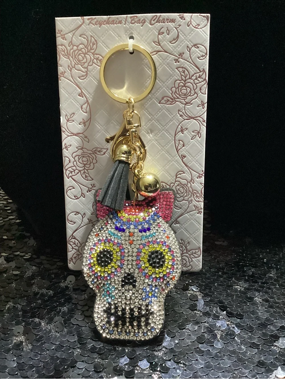 Sparkling Multicolor Sugar Skull Keychain Bag Charm - Gold Hardware
